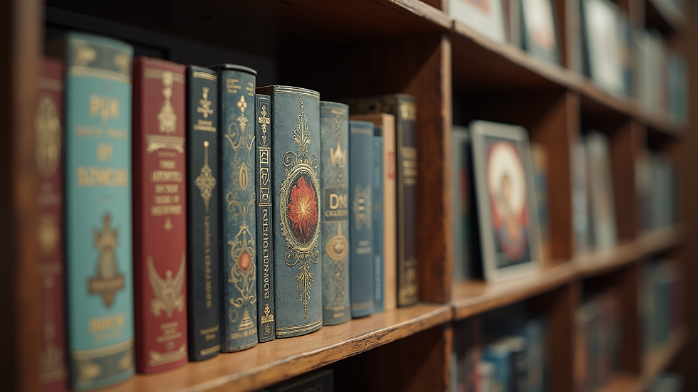 Eye-level view of a shelf filled with fantasy-themed books and art prints