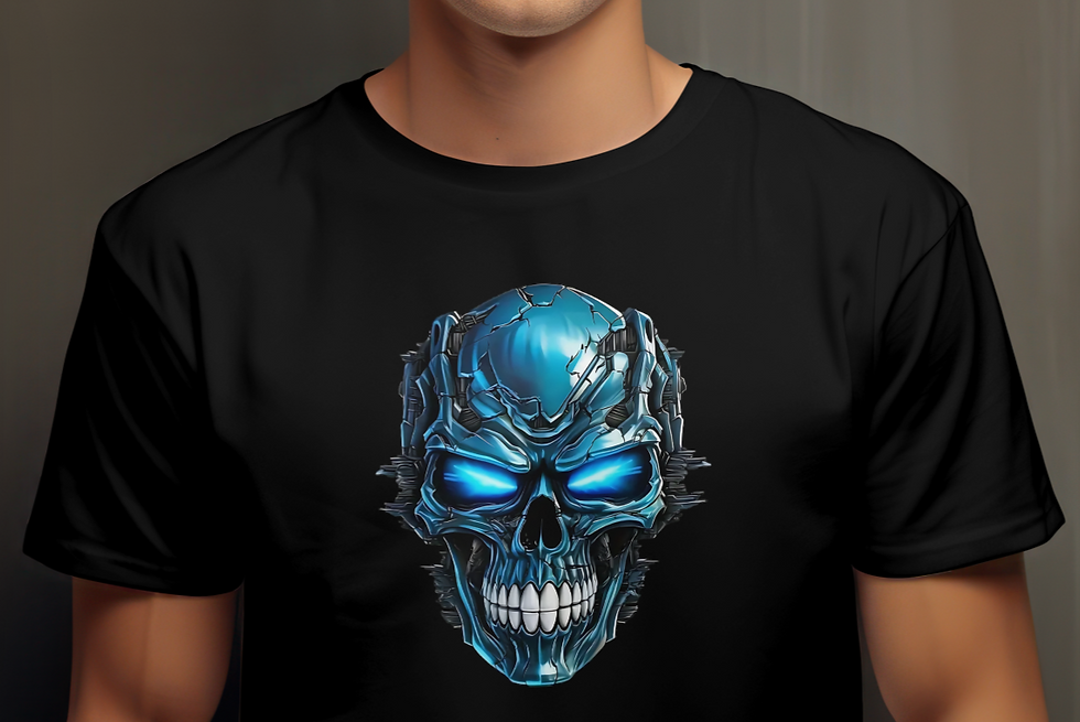 Blue Cyber Skull T-Shirt – Futuristic Skull Design with Glowing Eyes