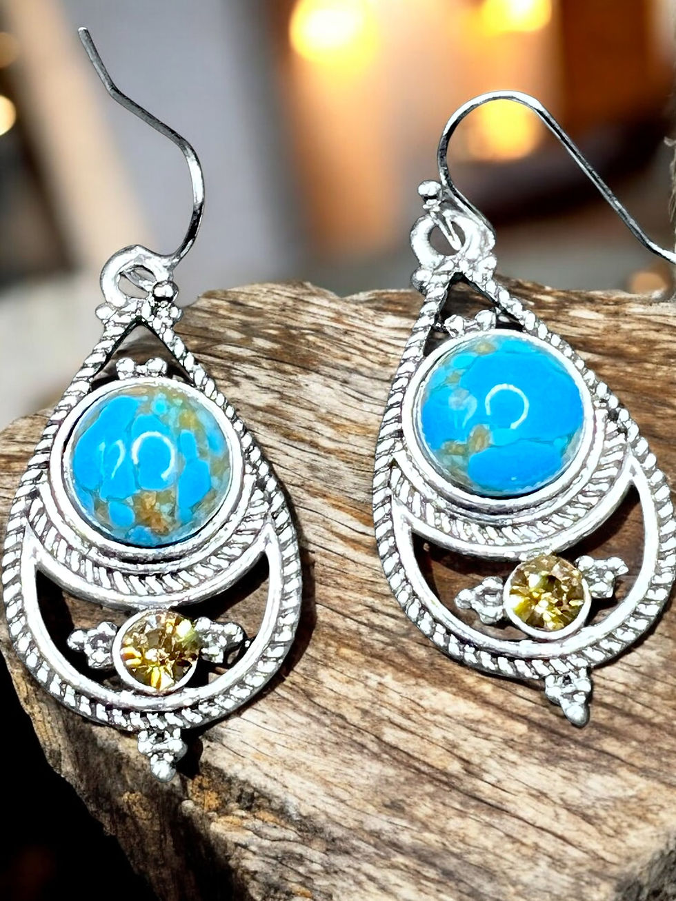 Blue Glass Dangle Earrings Teardrop Bead Silver Tone 1.5 Inch Boho