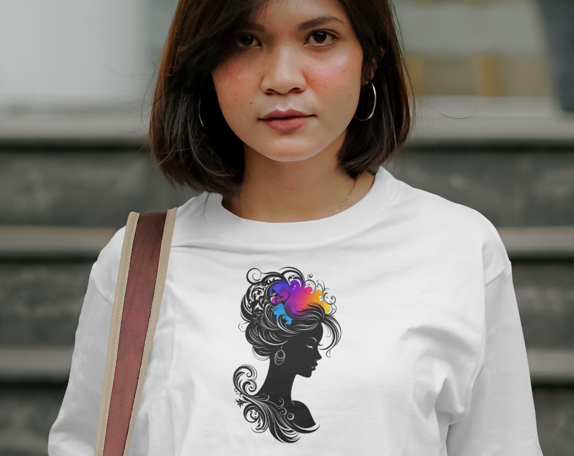 Elegant Silhouette T-Shirt with Vibrant Hair Design