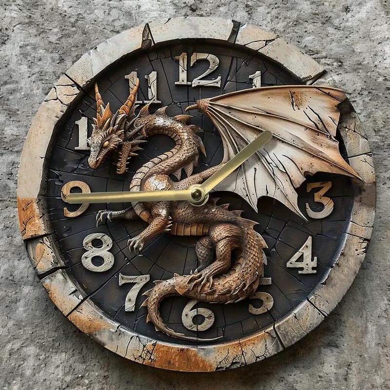 8” Dragon Wall Clock Gothic Fantasy Decor Silent Quartz Wood Halloween Gift