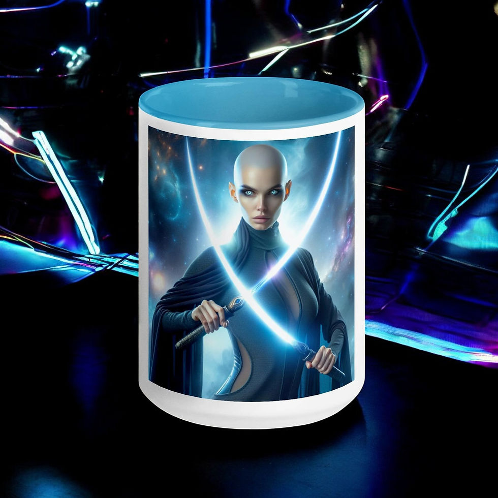 "Galactic Warrior Mug - Sci-Fi Female Fighter with Dual Energy Swords - Futuristic Coffee Cup"