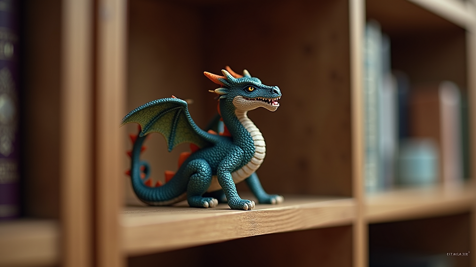 Close-up view of a detailed dragon figurine on a wooden shelf