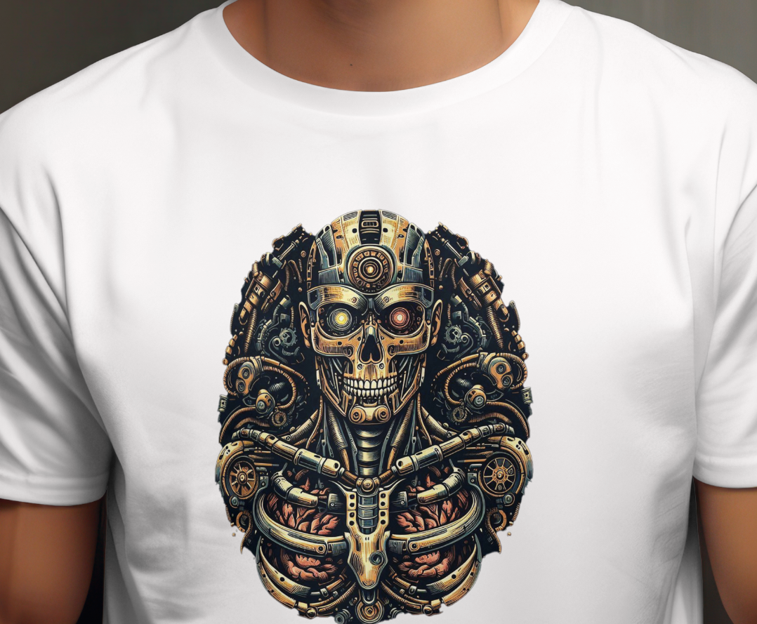 "Cyber Skull T-Shirt - Futuristic Metallic Skeleton Design for Sci-Fi Fans"