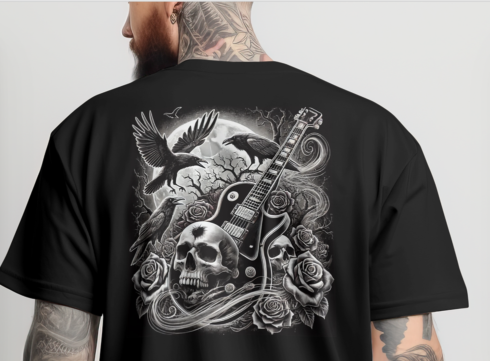 "Gothic Rock Guitar T-Shirt - Skull, Ravens, and Roses Dark Fantasy Graphic Tee"