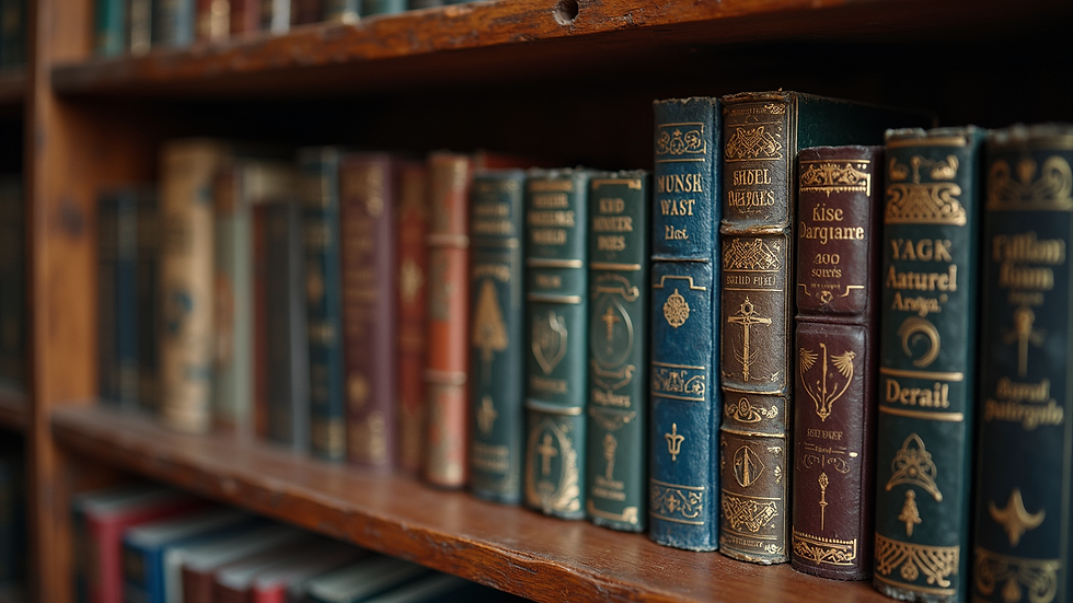 Eye-level view of a wooden shelf displaying fantasy-themed spellbook journals