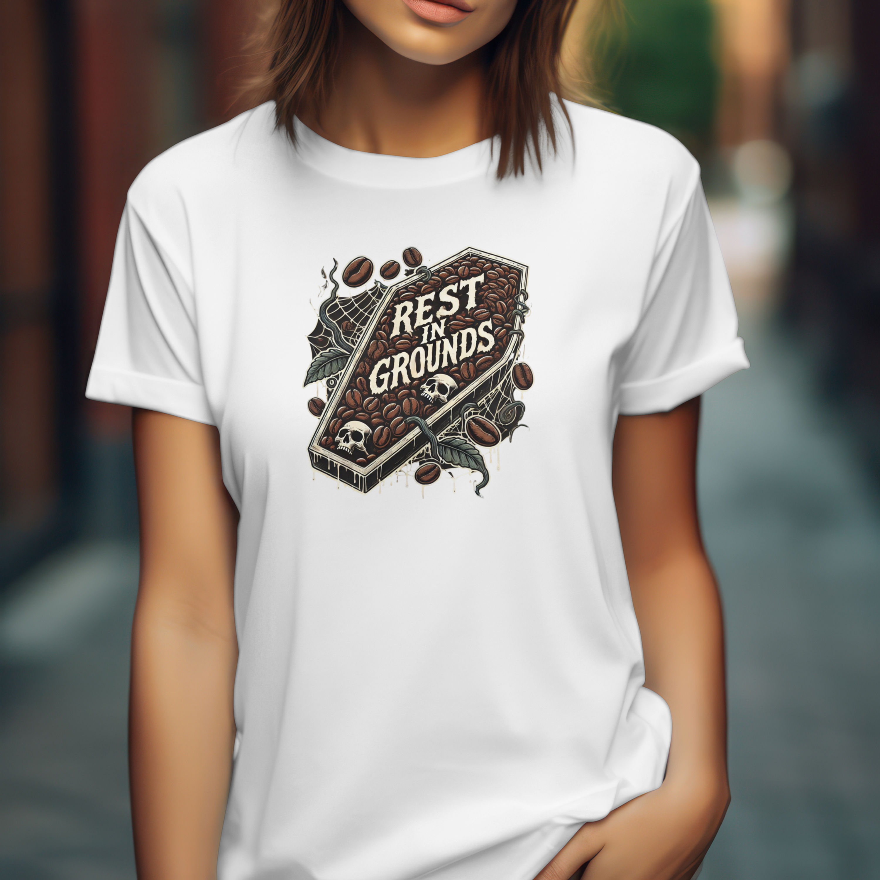 Rest in Grounds Coffee T-Shirt 100% Cotton Gothic Caffeine Tee L-3X Funny Dark Art
