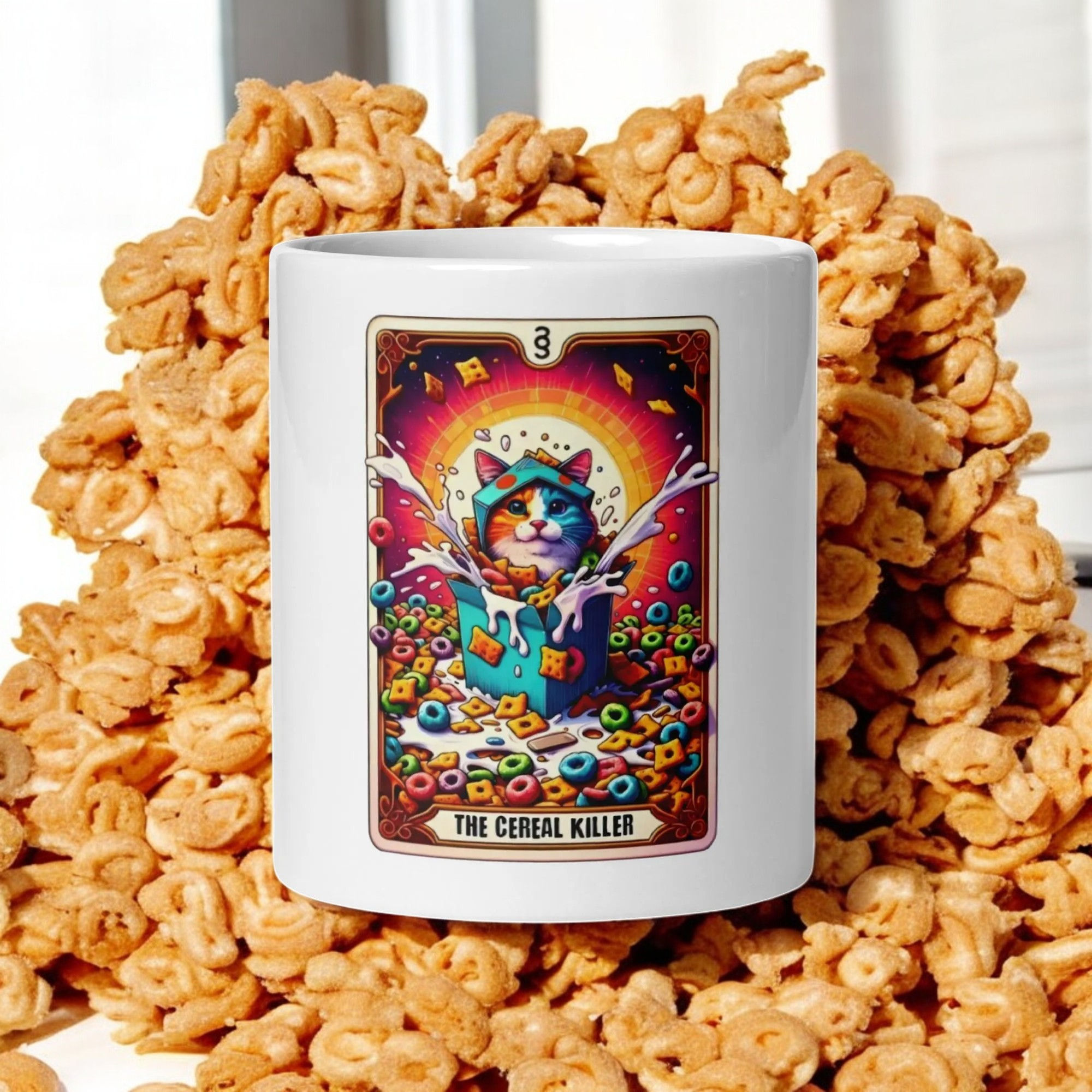 "Cereal Killer Cat Mug - Funny and Colorful Breakfast Coffee Cup"