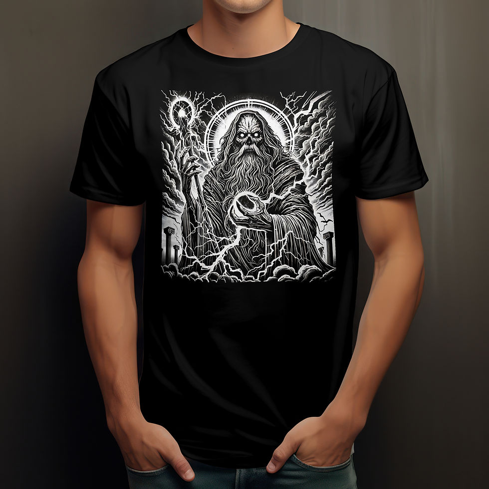 "Unleash the power of the gods with this bold 'Zeus the Thunderer' t-shirt. Featuring a striking monochromatic design, this s