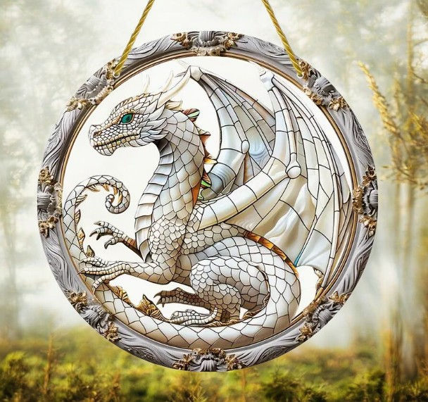 "Elegant White Dragon Sun Catcher - Intricate Fantasy Decor for Window Display"