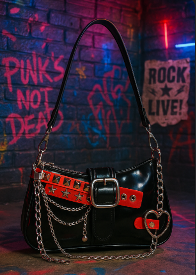 Punk Gothic Chain Shoulder Bag Black Red Studded Purse Rock Y2K Crossbody