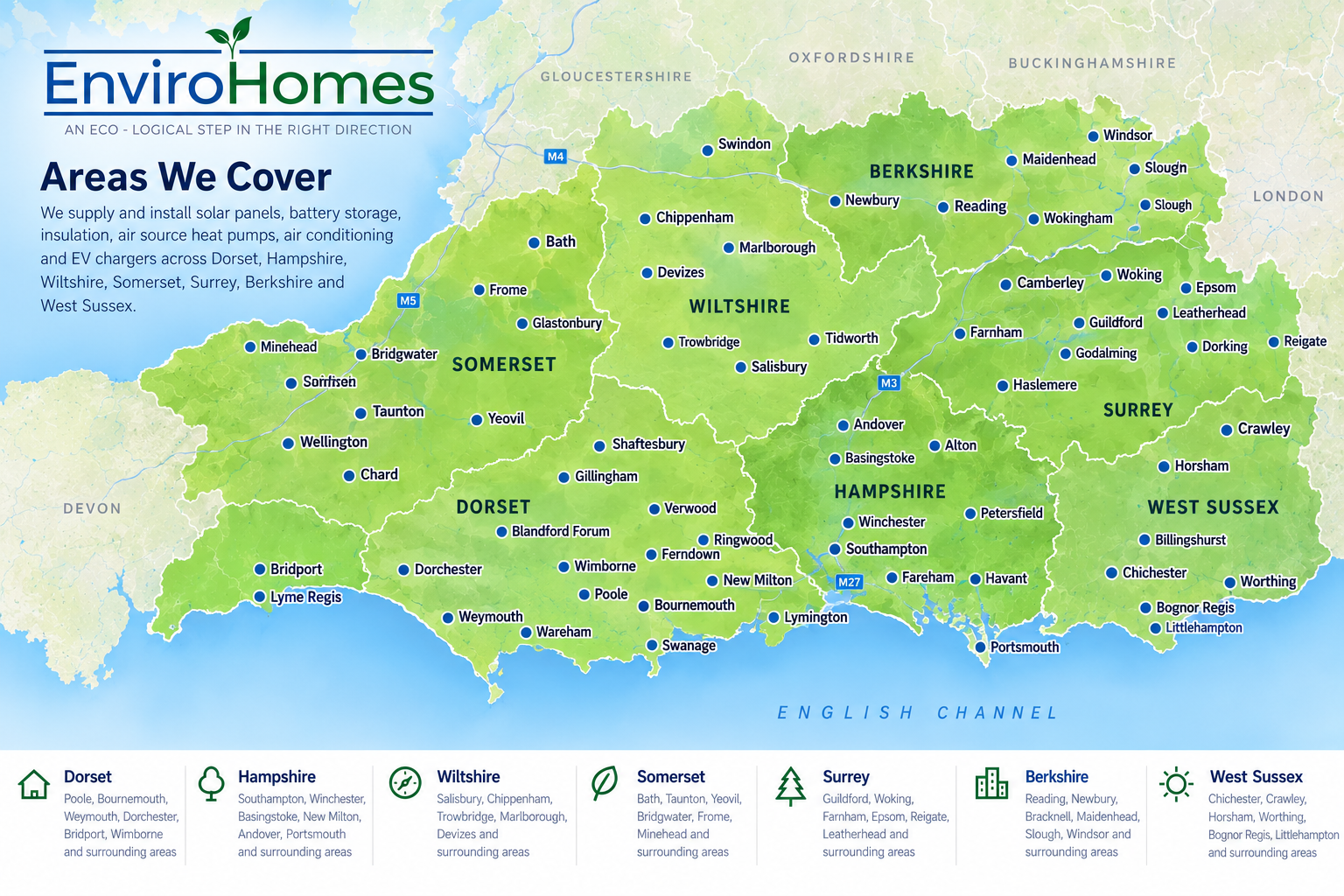 EnviroHomes service area map highlighting towns across Dorset, Hampshire, Wiltshire, Somerset, Surrey, Berkshire and West Sussex
