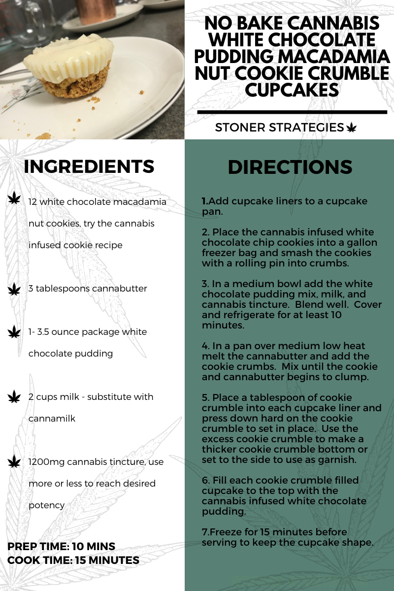 Cannabis White Chocolate Pudding Macadamia Nut Cookie Crumble Cupcakes Stoner Strategies Edibles Recipe