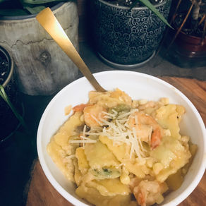 Cannabis Shrimp, Mushrooms, Peppers, and Spinach Ravioli in a White Wine Cream Sauce
