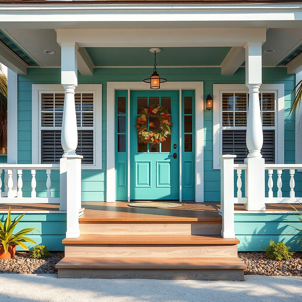 realistic front step teal of a beach house with tropical holiday energy.jpg