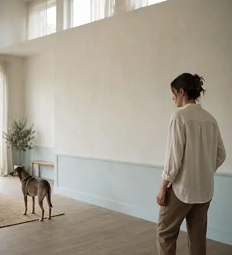 Frau und Hund stehen sich in einem ruhigen Raum gegenüber.