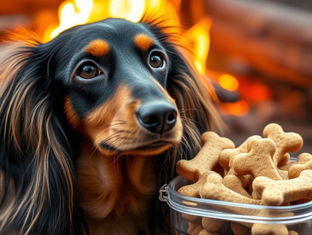 black and tan long haired dachshund with treats