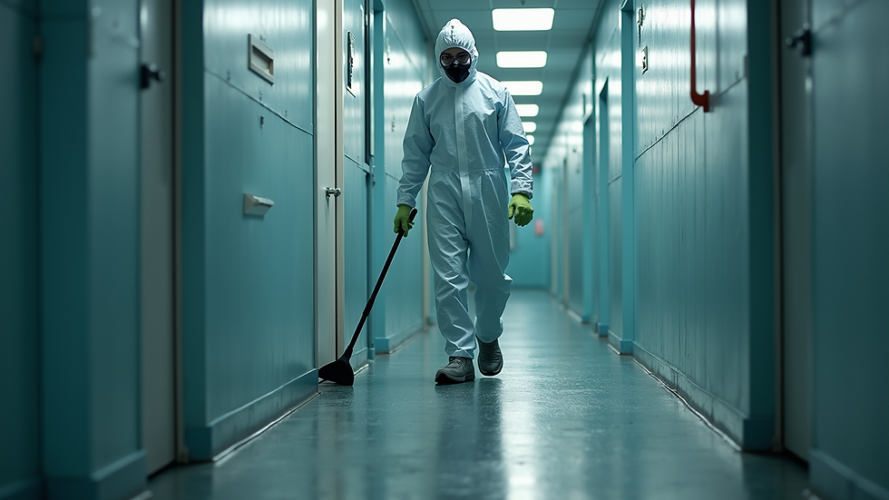 Eye-level view of a technician wearing protective gear cleaning a biohazard site