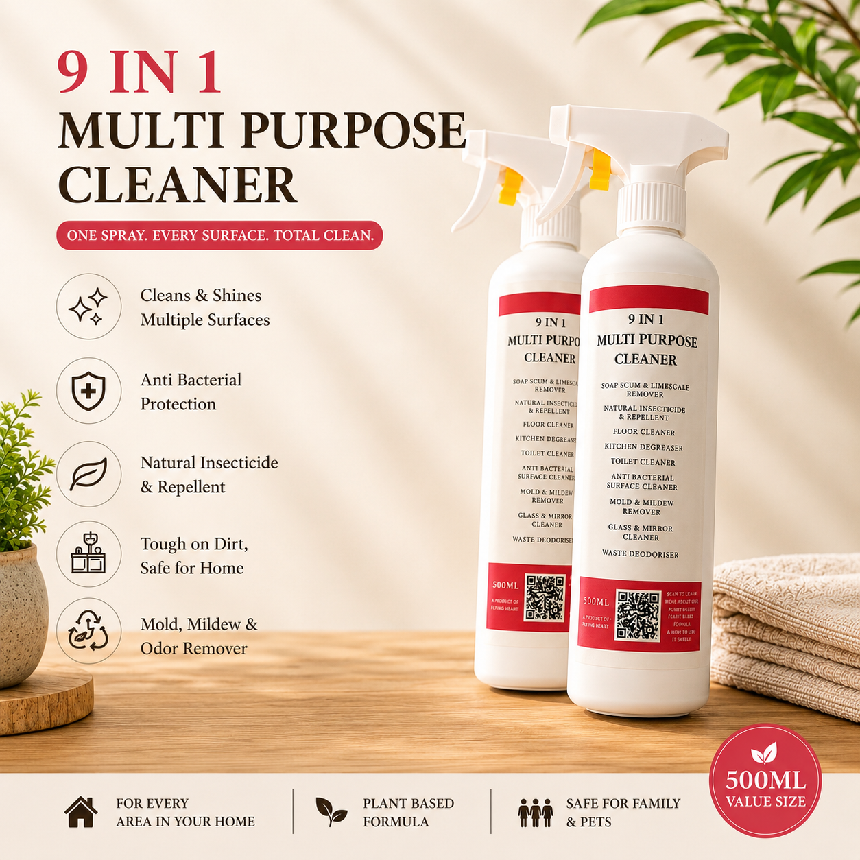 9-in-1 Eco Cleaner Multi Purpose Cleaner spray, 500ml cleaner for kitchens, bathrooms, glass, floors, mold and odor removal.