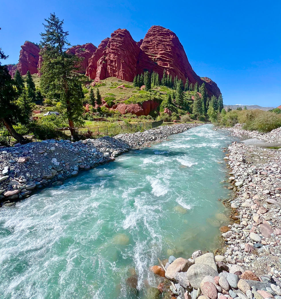 Turquoise river flowing through Jeti Oguz canyon Kyrgyzstan