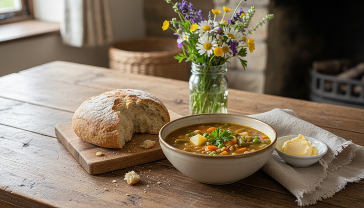 Close-up of a wooden table set with soup, bread, butter, and a small bunch of wildflowers