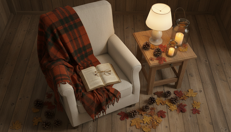 Overhead view of a cosy autumn reading nook with warm lamps and wool blankets.