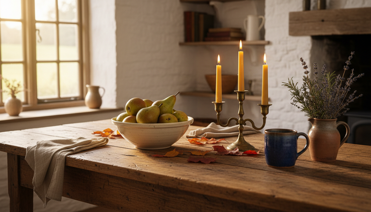 Eye-level view of a rustic kitchen table with pears, candles, and autumn foliage.