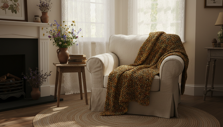 Wide-angle view of a small living room with a blanket, books, flowers, and soft afternoon light