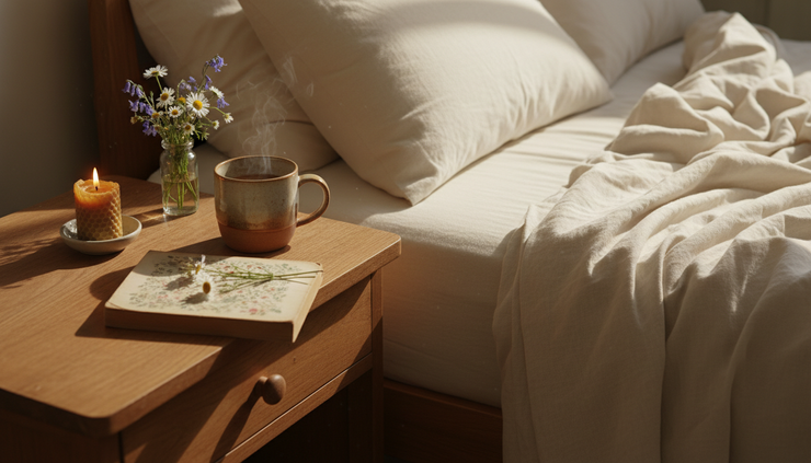 Eye-level view of a cosy bedside table with a book, candle, and cup beside linen bedding.