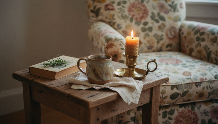 Close-up of a small wooden table with herbal tea, a candle, and a worn paperback book.
