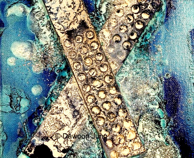 This striking mixed-media abstract work uses tactile textures and biological patterns to evoke the essence of a blowfish. My work stands out through its heavy focus on dimensionality and the interplay between light and shadow. 

