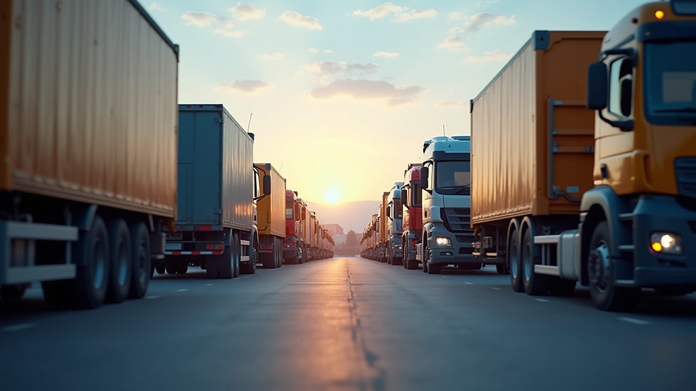 Eye-level view of a fleet of trucks parked in a logistics yard