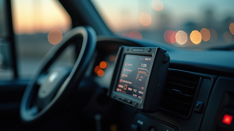 Close-up view of a telematics device installed inside a truck dashboard
