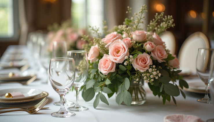 Close-up view of a silk floral centerpiece on a luxury wedding table
