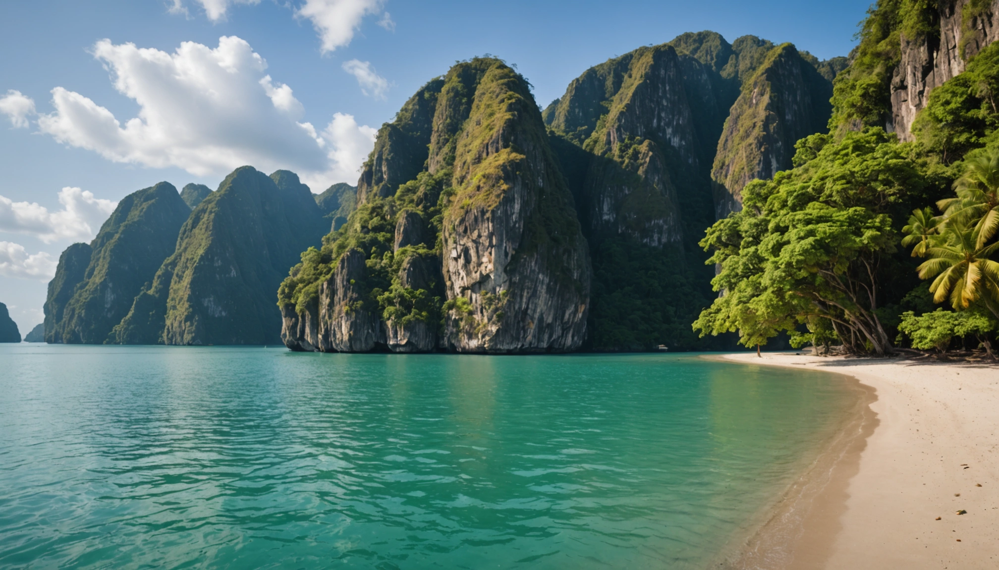 Green Mountains meet white sany beach by the green waterBeach
