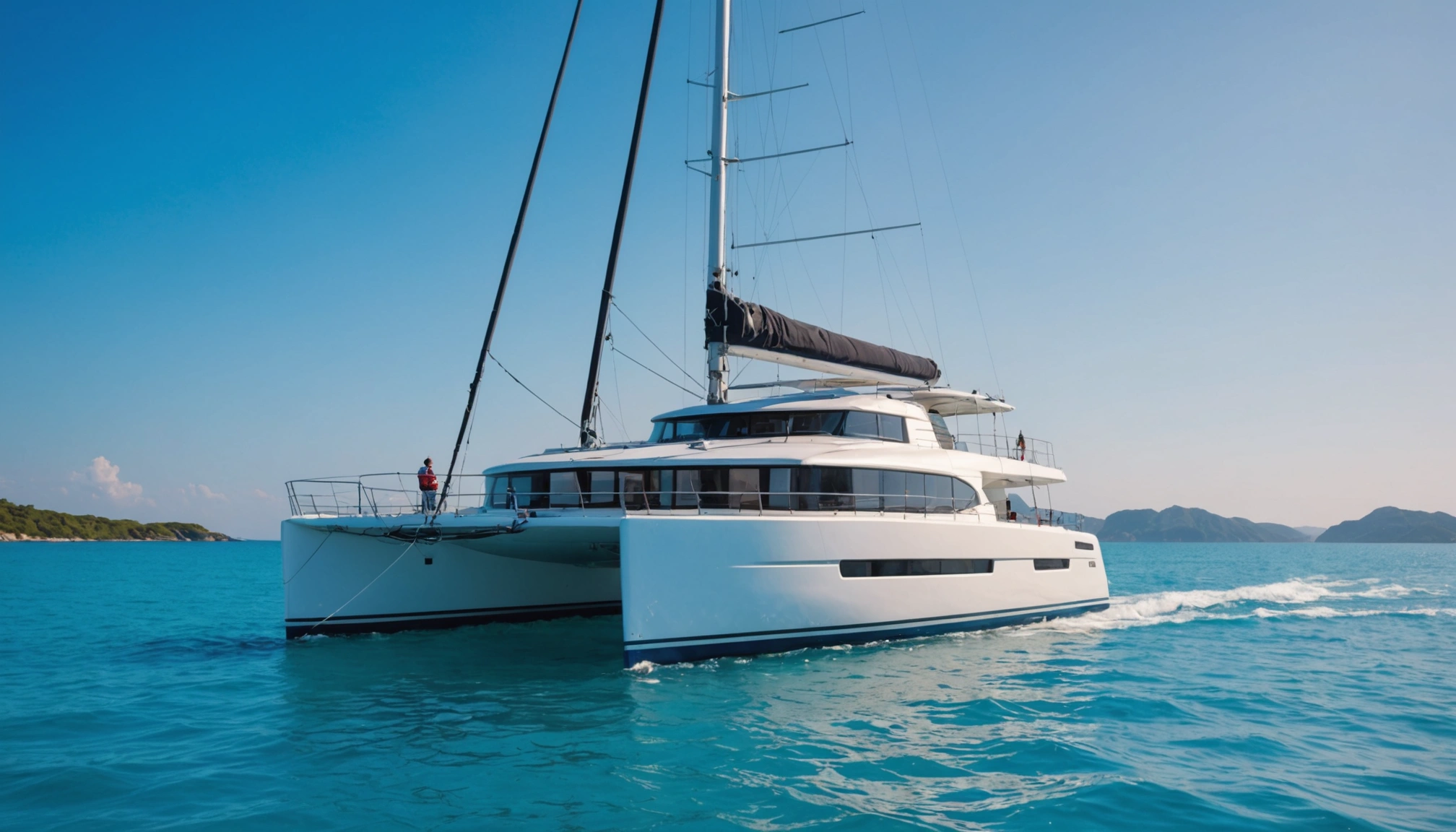 Sailing Catamaran on blueish green water with mountains in the background traveling