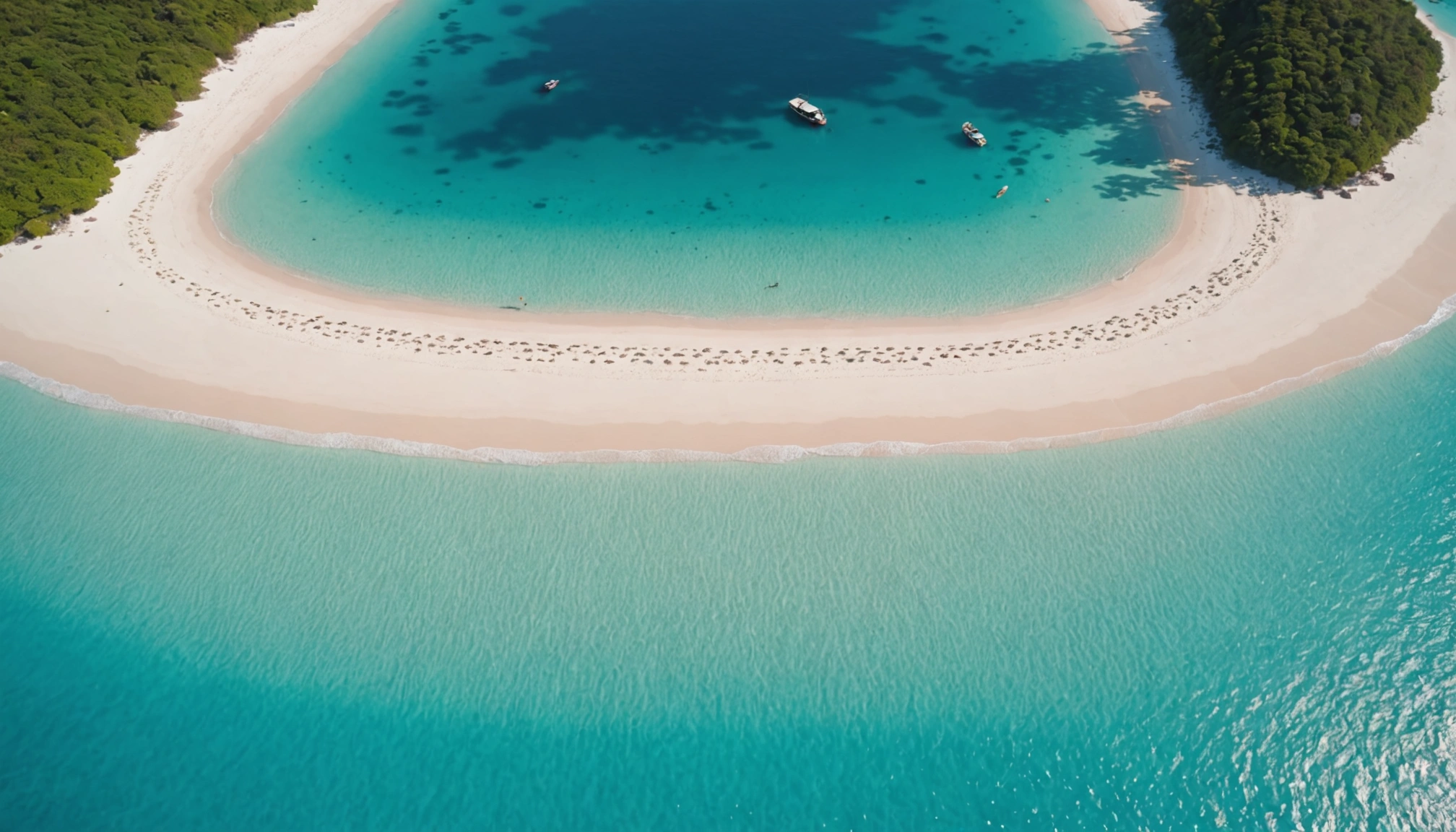 CURVED WHITE BEACH green ocean water with inner lagoon and green lush vegitation