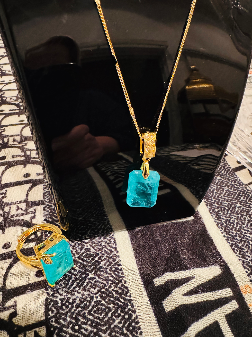 Thumbnail: Juego collar con dije,aretes y anillo de acero inoxidable y cristal azul paraiba