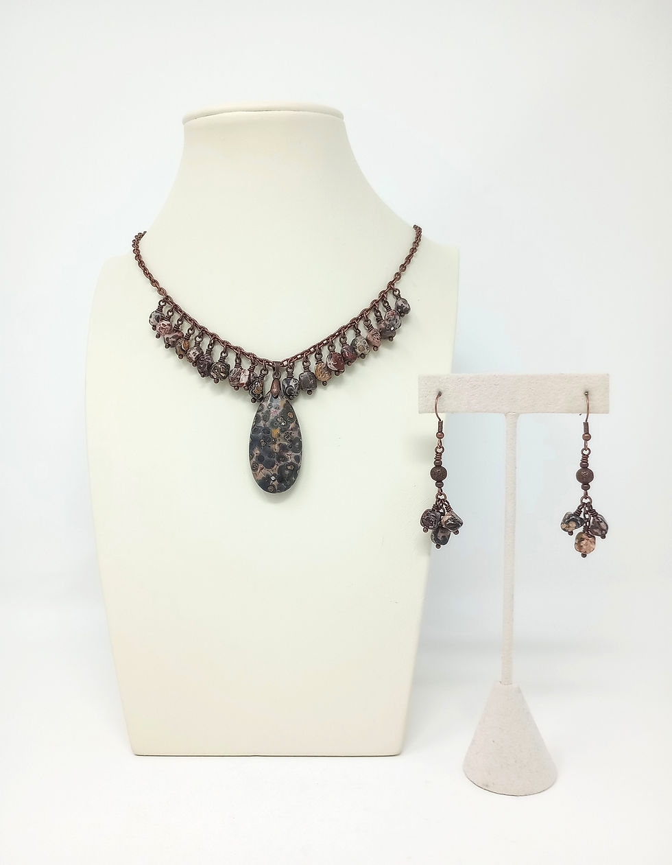 Handcrafted leopardskin jasper fringe necklace with teardrop focal and leopardskin jasper dangle earrings