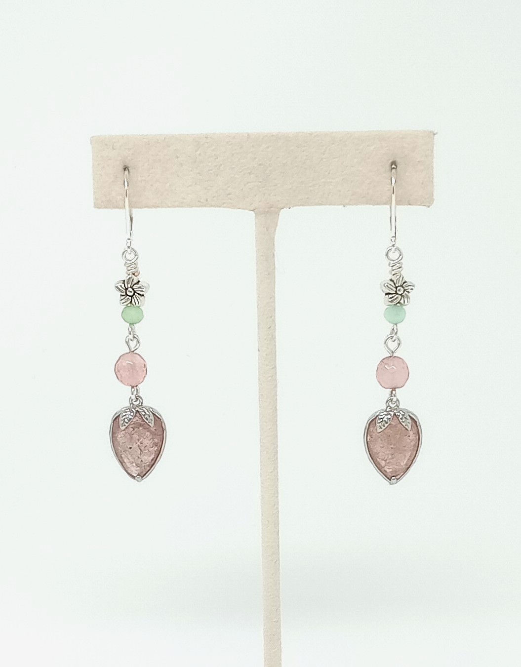 Handcrafted link earrings: Cherry quartz, green crystals, silver flower, strawberry quartz berry charm. Leverback earwires.