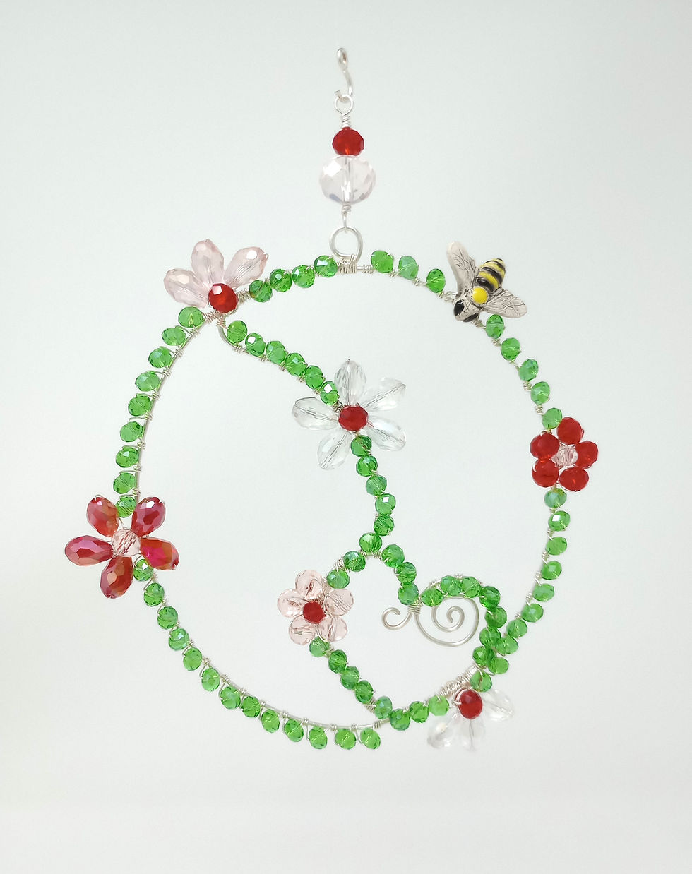 Thumbnail: Handcrafted beaded suncatcher of red white pink florals. Cute bee and green crystal vines.