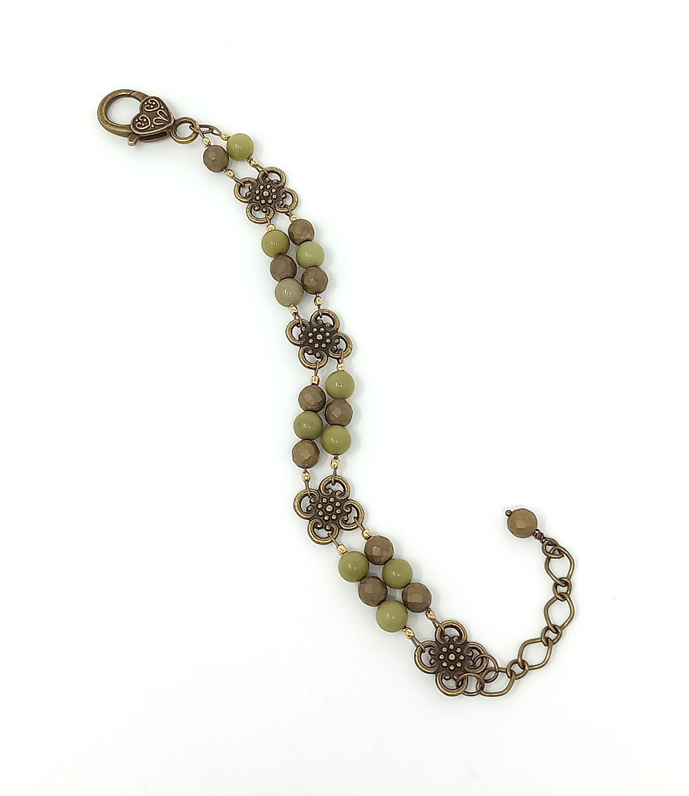 Thumbnail: Handcrafted bracelet of alashan agate beads and bronze vintage floral links