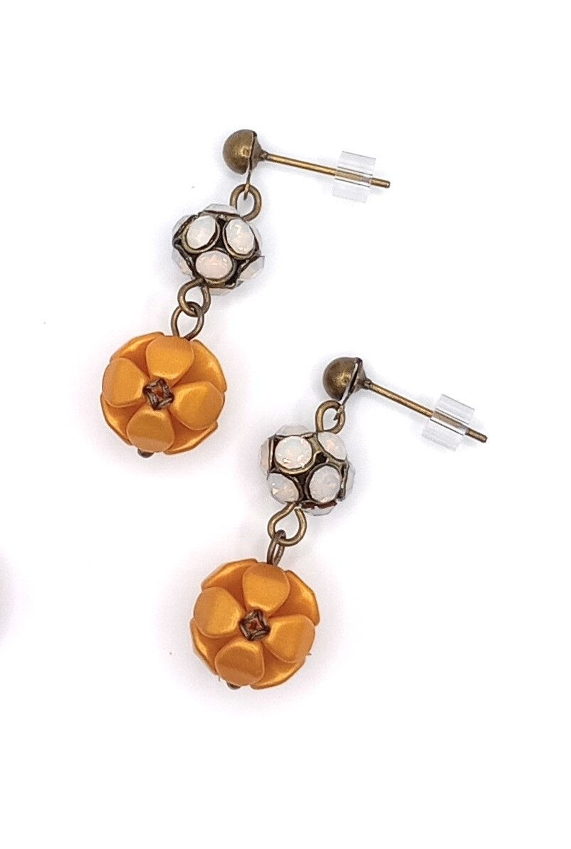 Thumbnail: Handcrafted earrings : Rhinestone studded beads with a handwoven beaded bead dangle in peach.  Antique brass post earrings.
