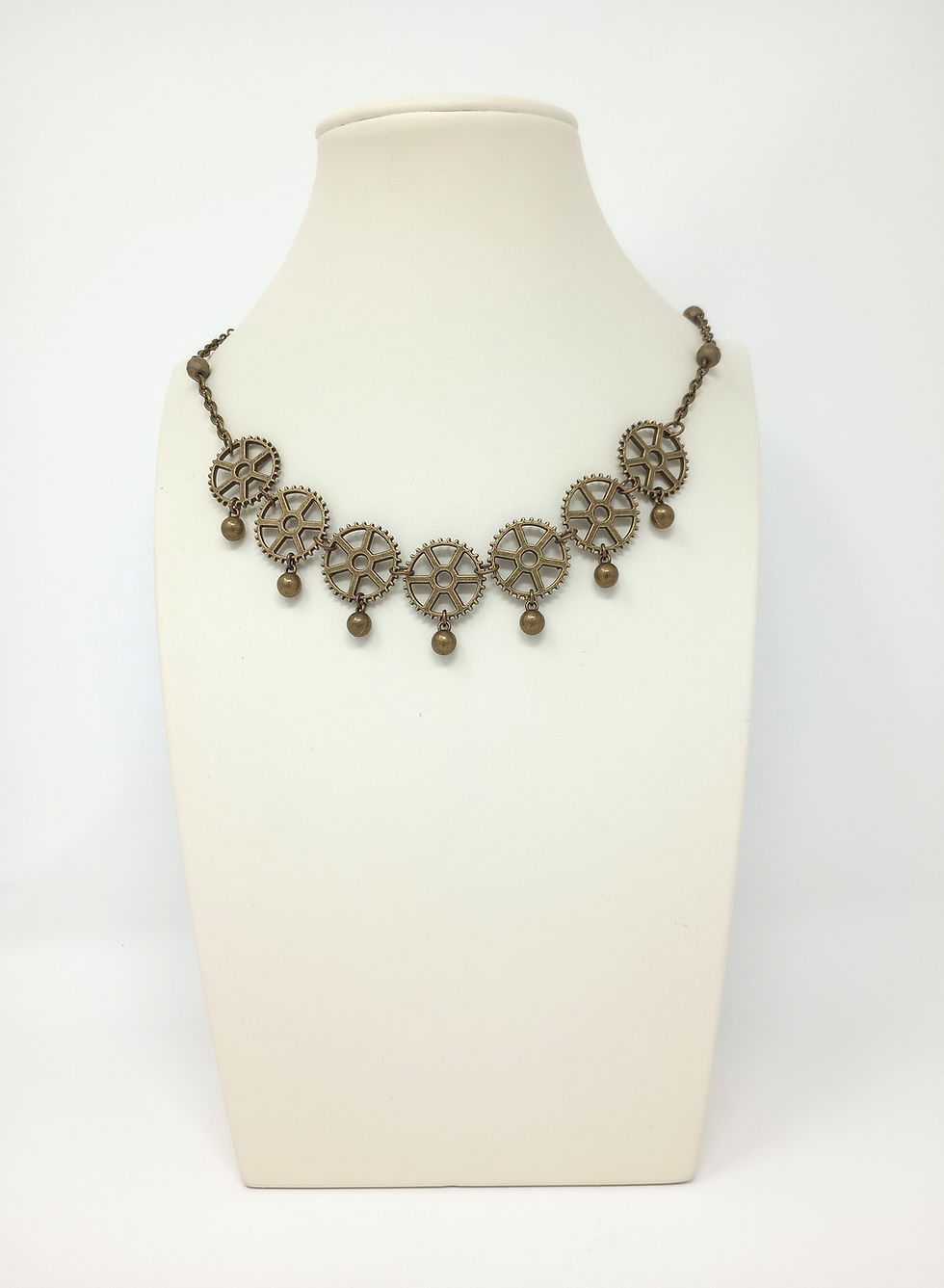 Thumbnail: Handcrafted steampunk necklace and earrings set.  Necklace has an edgy look with gears and dangles all in antique bronze.