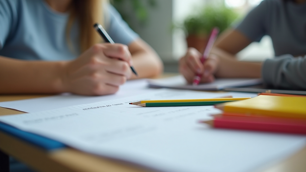 Close-up of a student’s desk with colourful learning materials and notes