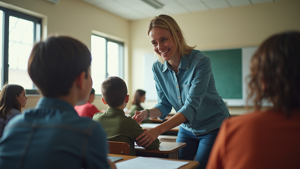 Eye-level view of a classroom with a teacher assisting a student individually