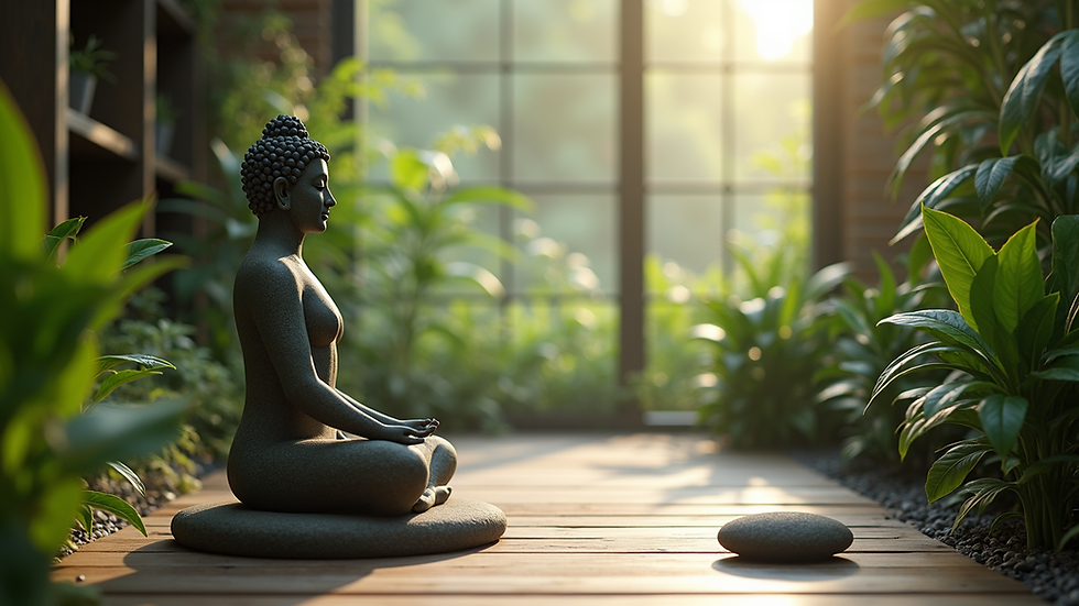 Eye-level view of a peaceful meditation space surrounded by plants