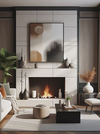 The image shows a modern fireplace with tile surround in a living room. The fireplace has a sleek black frame and a glass screen. The tile surround is gray and white, creating a contrast with the dark wood floor. The fireplace is flanked by two windows with white curtains, letting in natural light. A gray sofa and a coffee table are placed in front of the fireplace, creating a cozy and stylish space.  Tennessee Custom Tile, your tile installation specialist. 