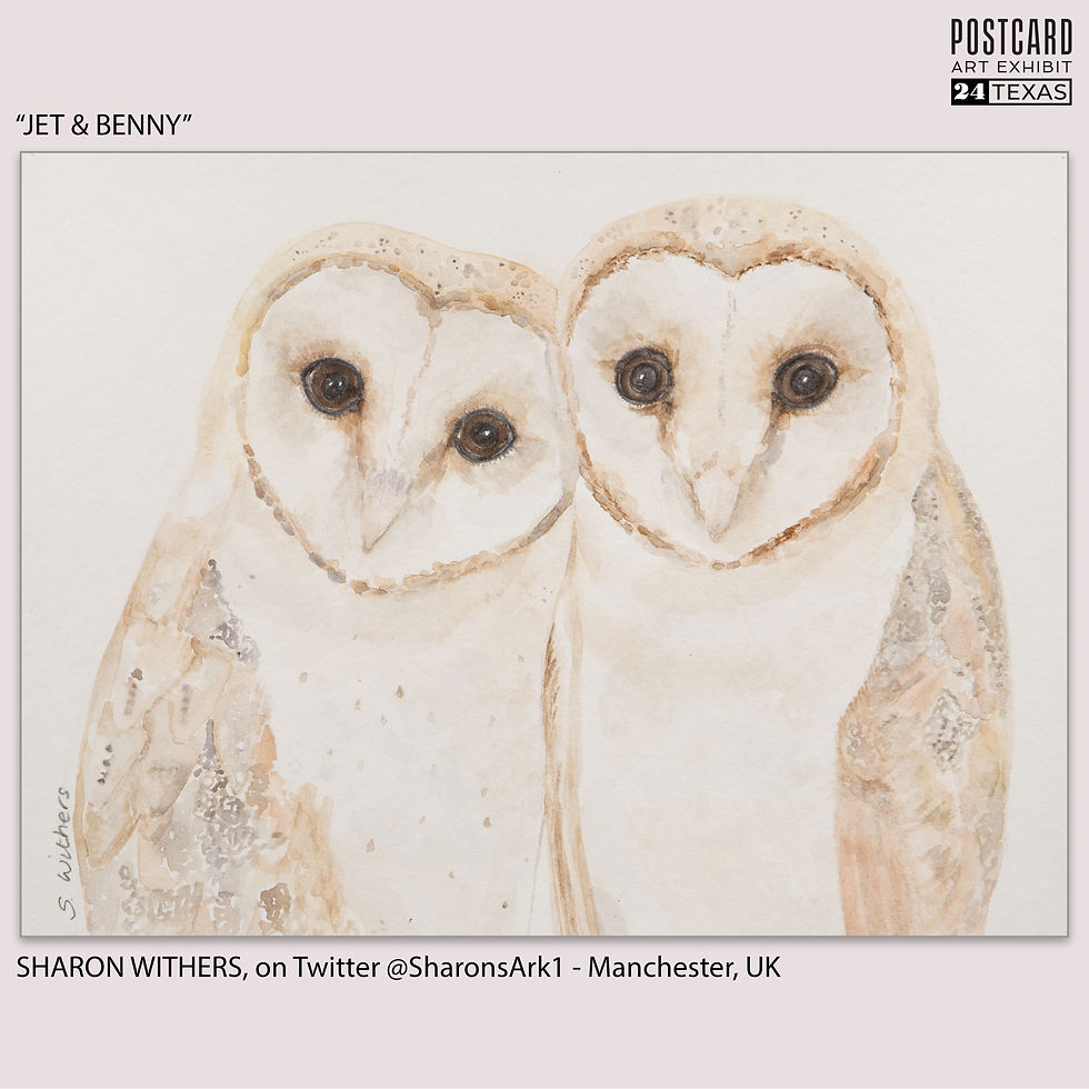 Thumbnail: Sharon Withers, Watercolor - "Jet & Benny" - Manchester, UK - Postcard Art Exhibit 2024, Millhouse Foundation