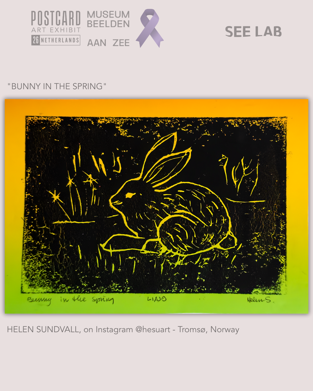 Helen Sundvall, Printmaking - Monoprint / Monotype - "Bunny in the Spring" - Tromsø, Norway - Postcard Art Exhibit 2026